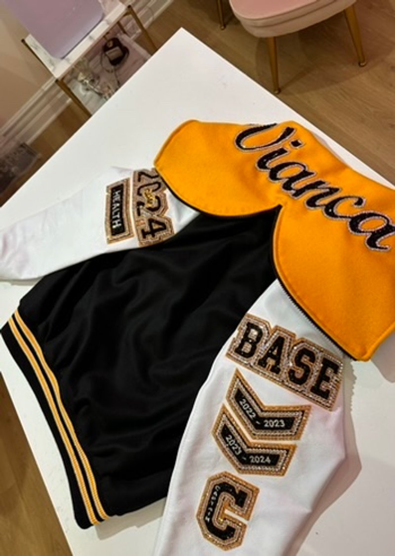 Custom blinged letterman jacket by Erica’s Sparkly Designs