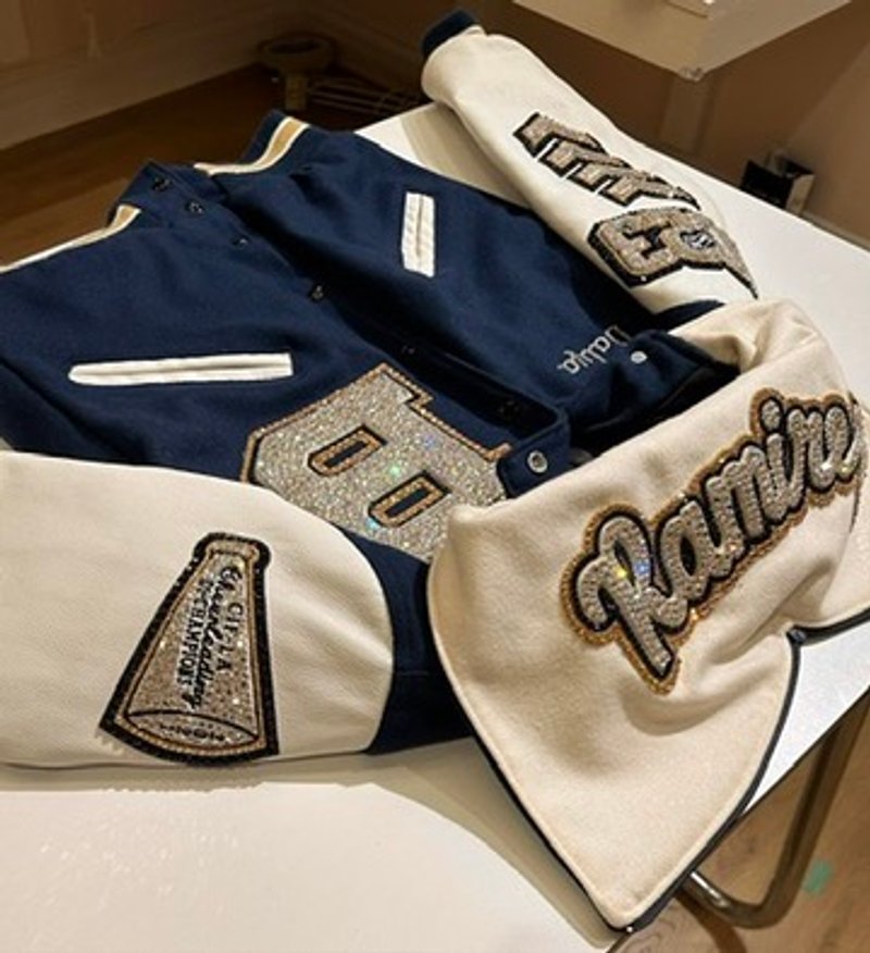 Custom blinged letterman jacket by Erica’s Sparkly Designs