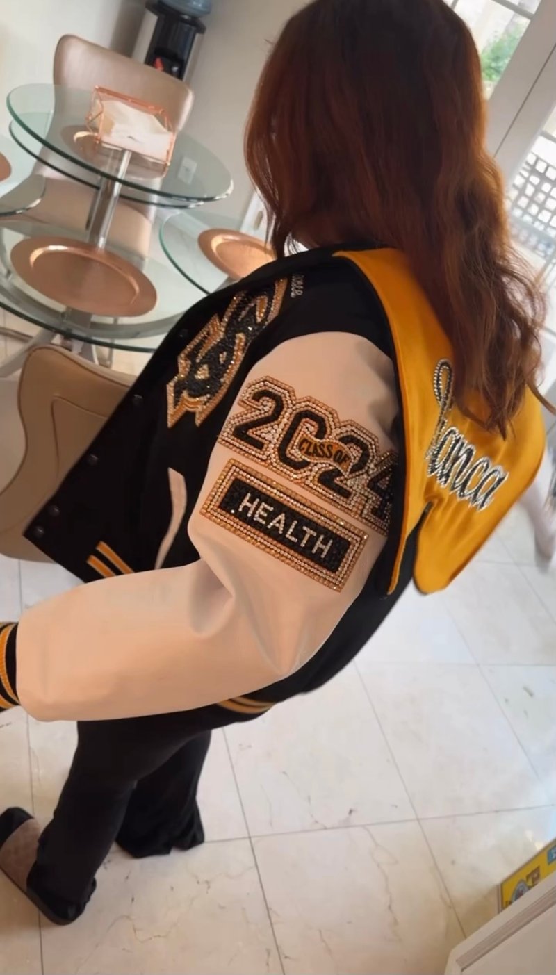 Custom blinged letterman jacket by Erica’s Sparkly Designs