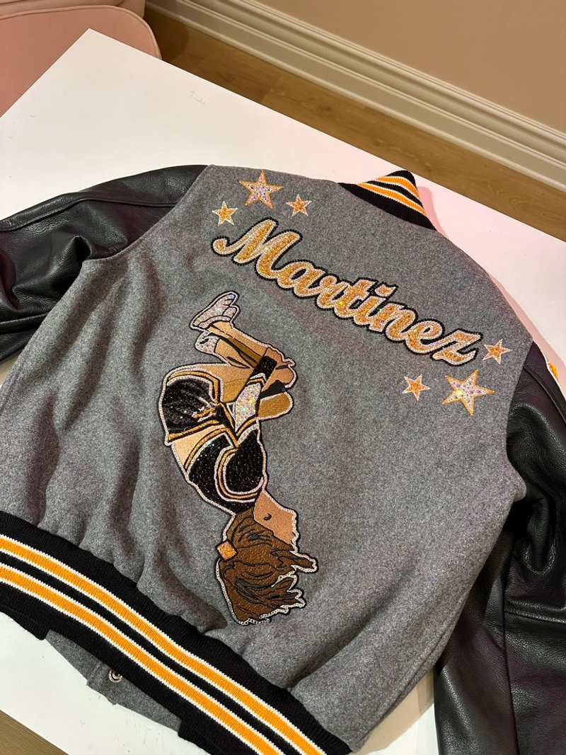 Custom blinged letterman jacket by Erica’s Sparkly Designs