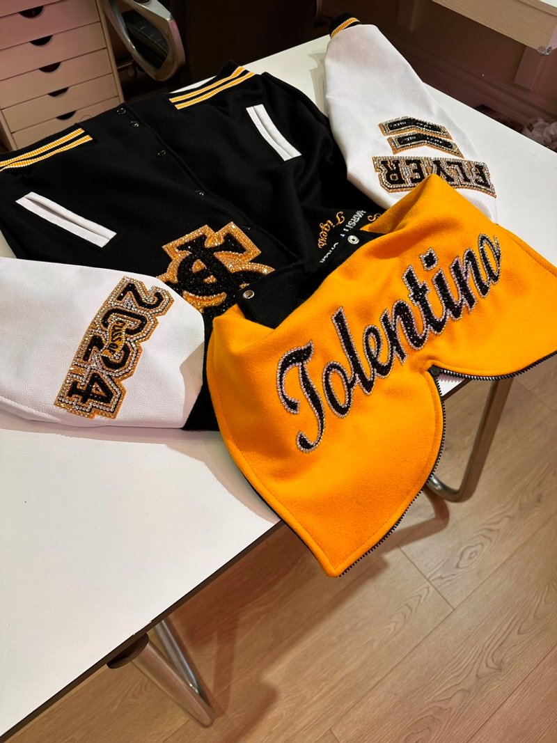 Custom blinged letterman jacket by Erica’s Sparkly Designs