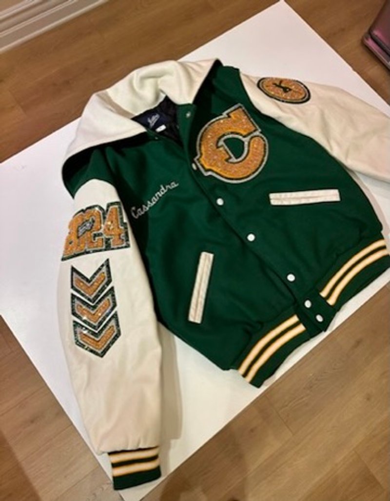 Custom blinged letterman jacket by Erica’s Sparkly Designs