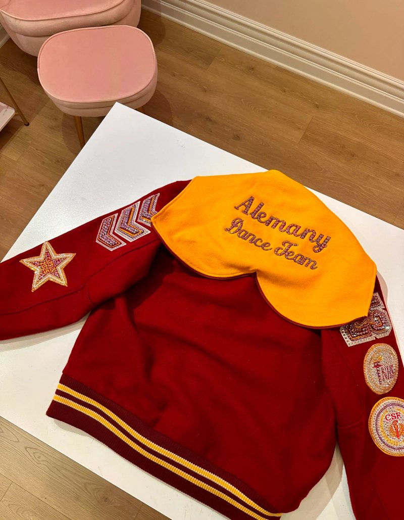 Custom blinged letterman jacket by Erica’s Sparkly Designs