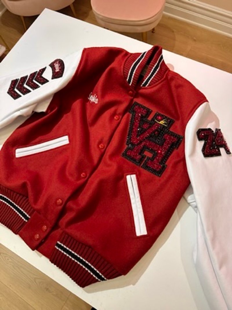 Custom blinged letterman jacket by Erica’s Sparkly Designs