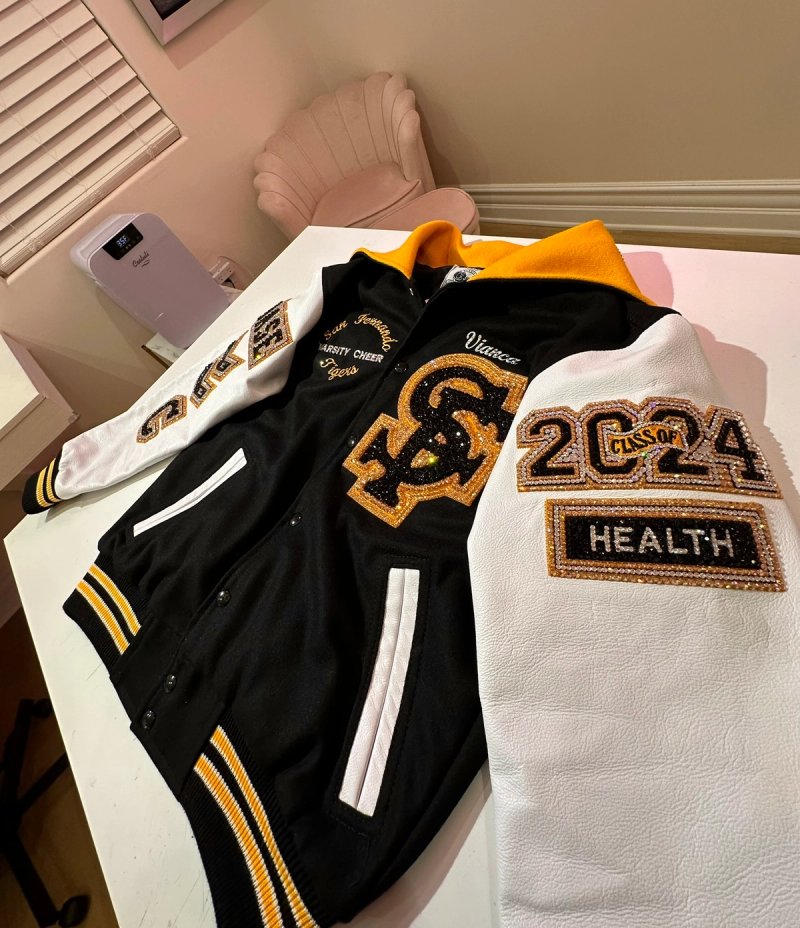 Custom blinged letterman jacket by Erica’s Sparkly Designs