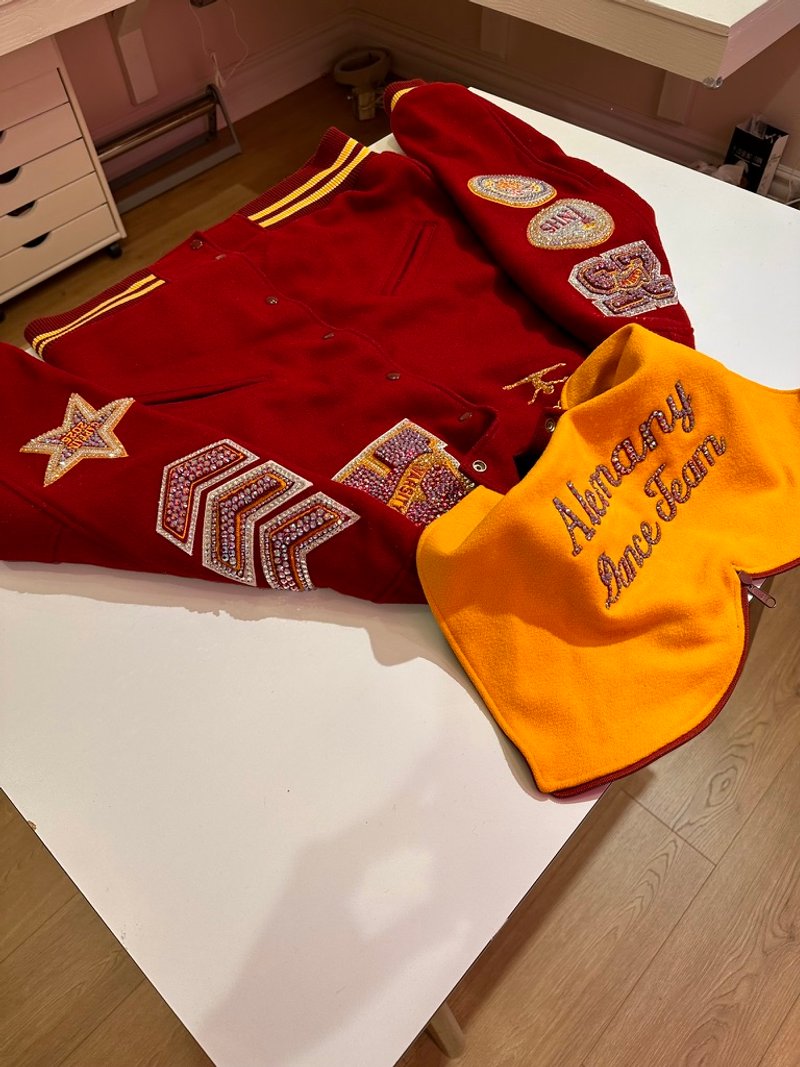 Custom blinged letterman jacket by Erica’s Sparkly Designs