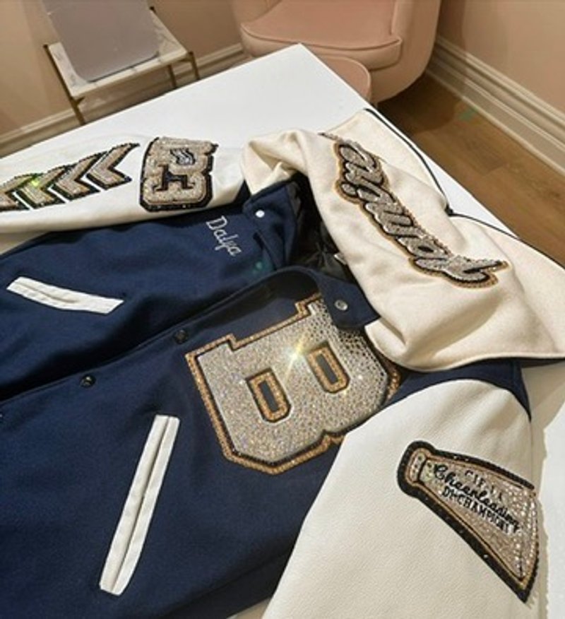 Custom blinged letterman jacket by Erica’s Sparkly Designs