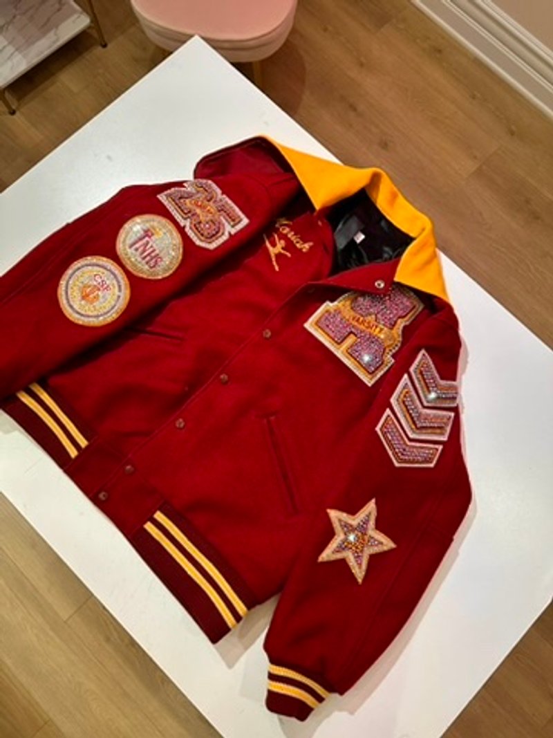 Custom blinged letterman jacket by Erica’s Sparkly Designs