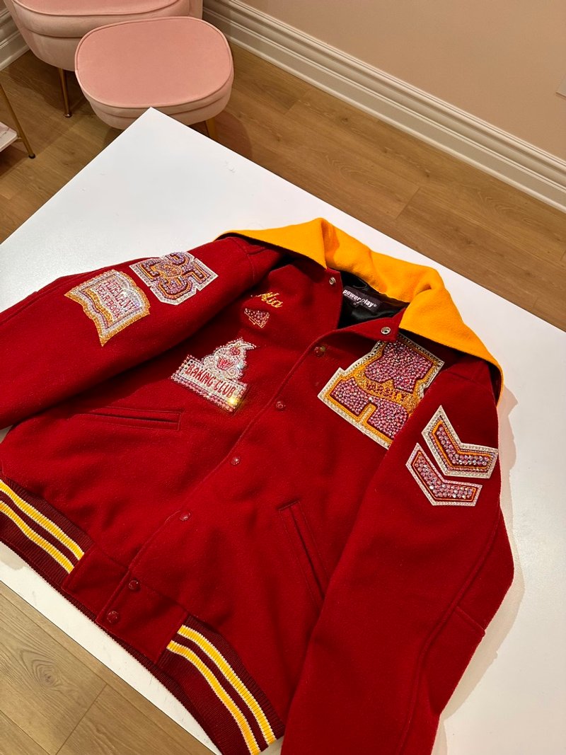 Custom blinged letterman jacket by Erica’s Sparkly Designs
