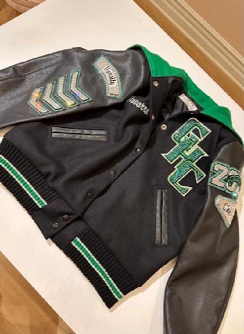 Custom blinged letterman jacket by Erica’s Sparkly Designs