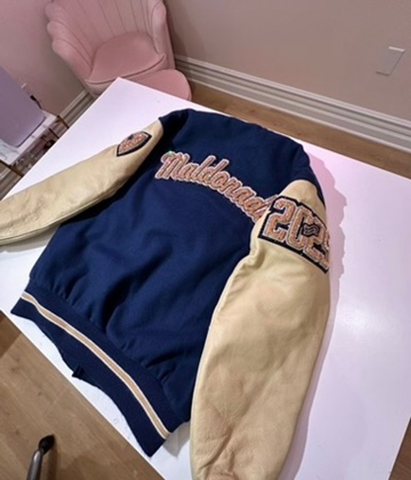 Custom blinged letterman jacket by Erica’s Sparkly Designs