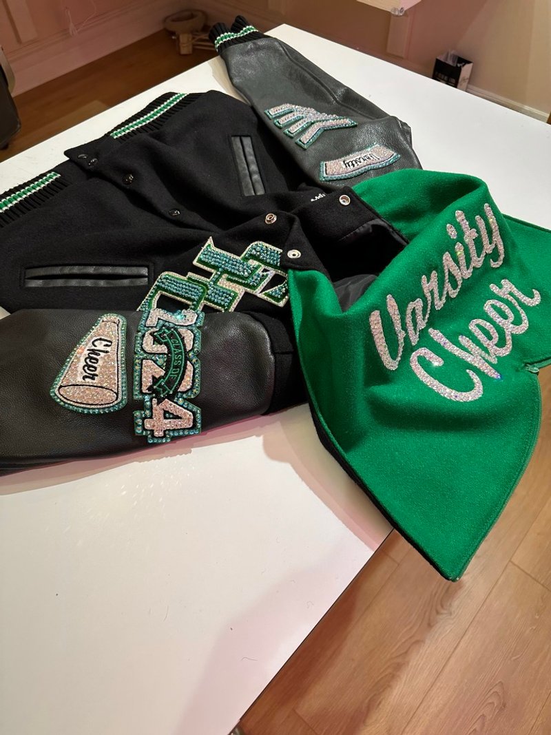 Custom blinged letterman jacket by Erica’s Sparkly Designs