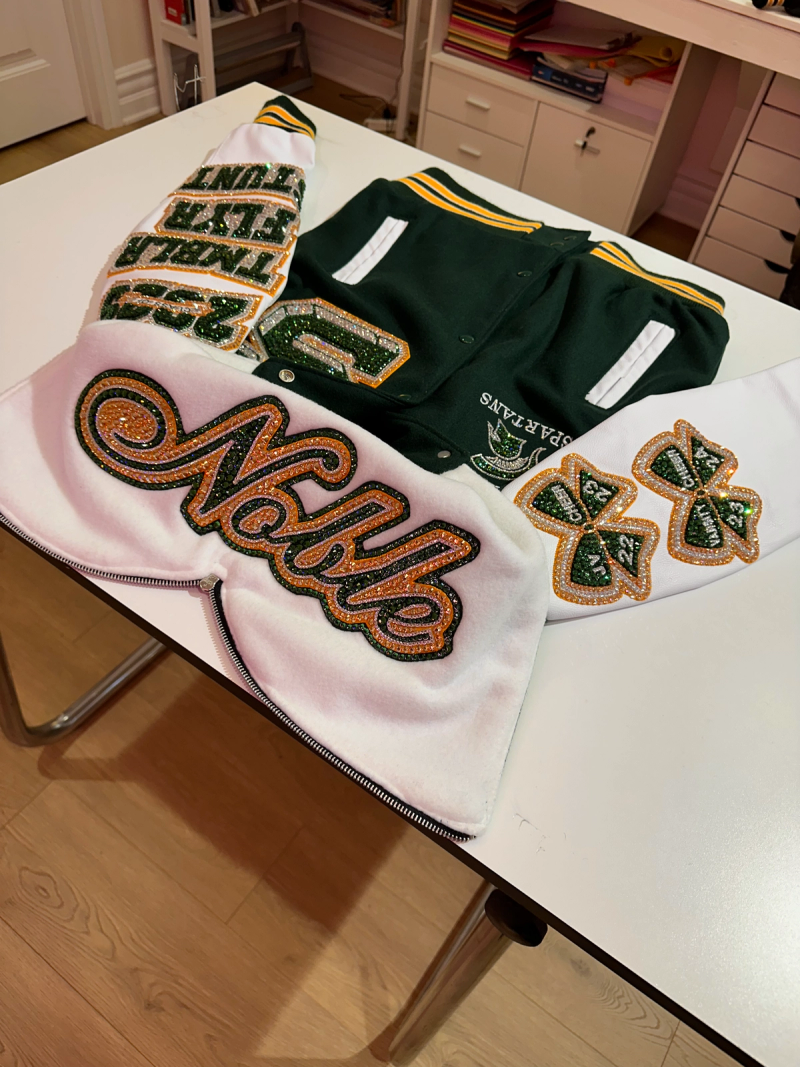 Custom blinged letterman jacket by Erica’s Sparkly Designs