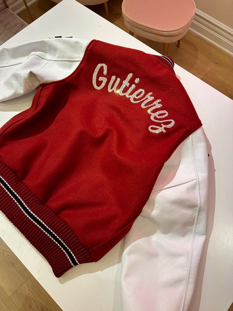 Custom blinged letterman jacket by Erica’s Sparkly Designs