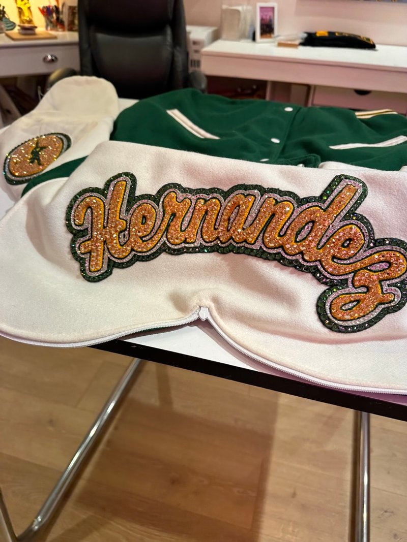 Custom blinged letterman jacket by Erica’s Sparkly Designs