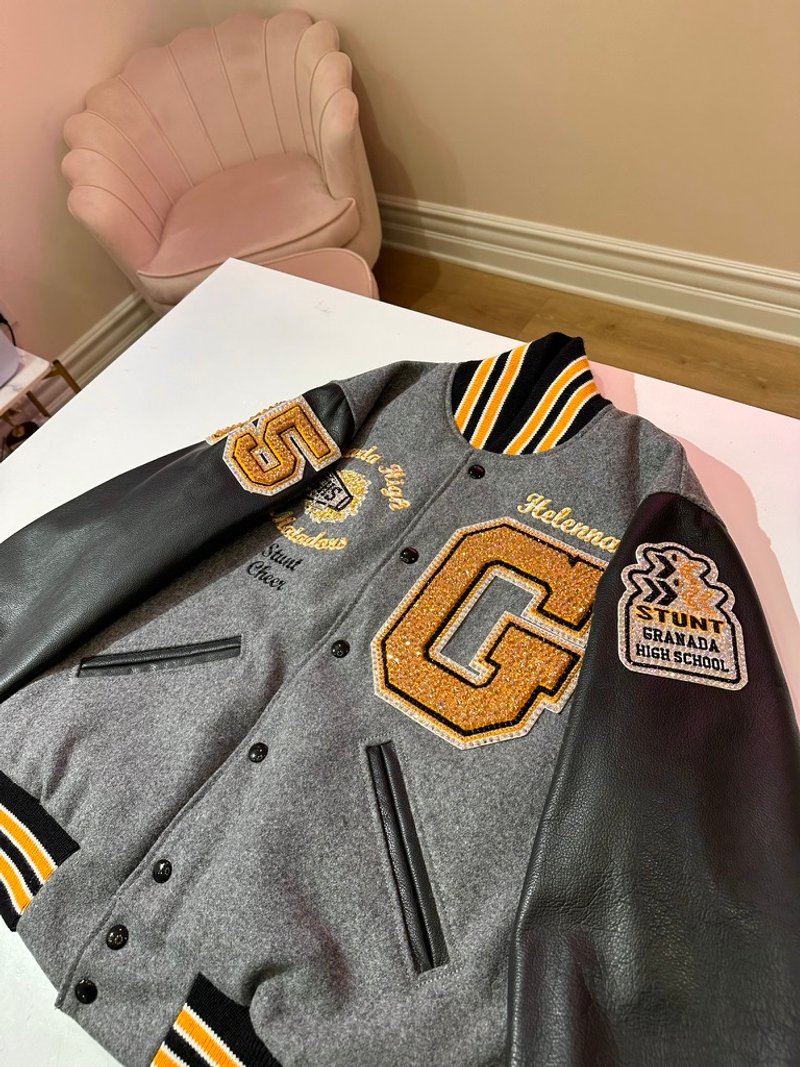 Custom blinged letterman jacket by Erica’s Sparkly Designs