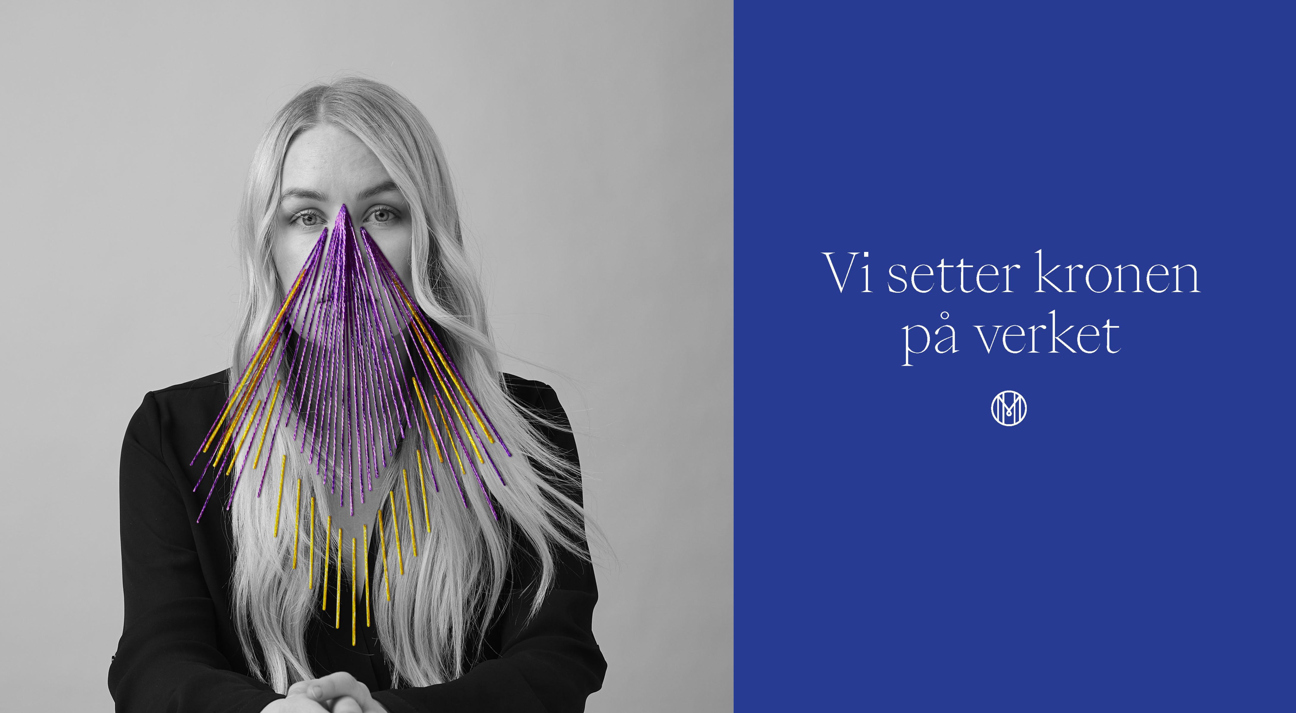 Tagline and a black and white portrait with a stiched crown