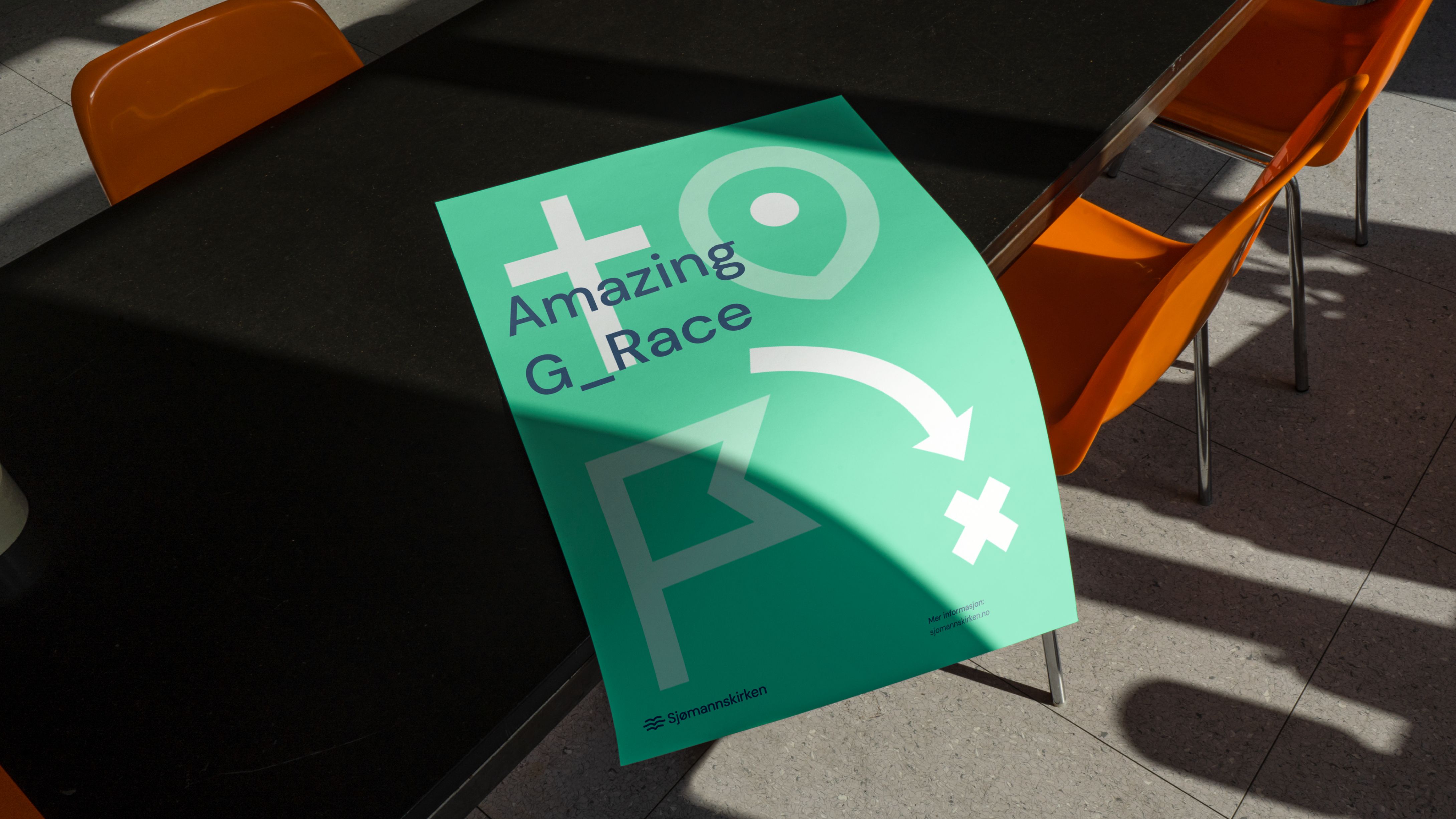 Green poster with white icons and blue text