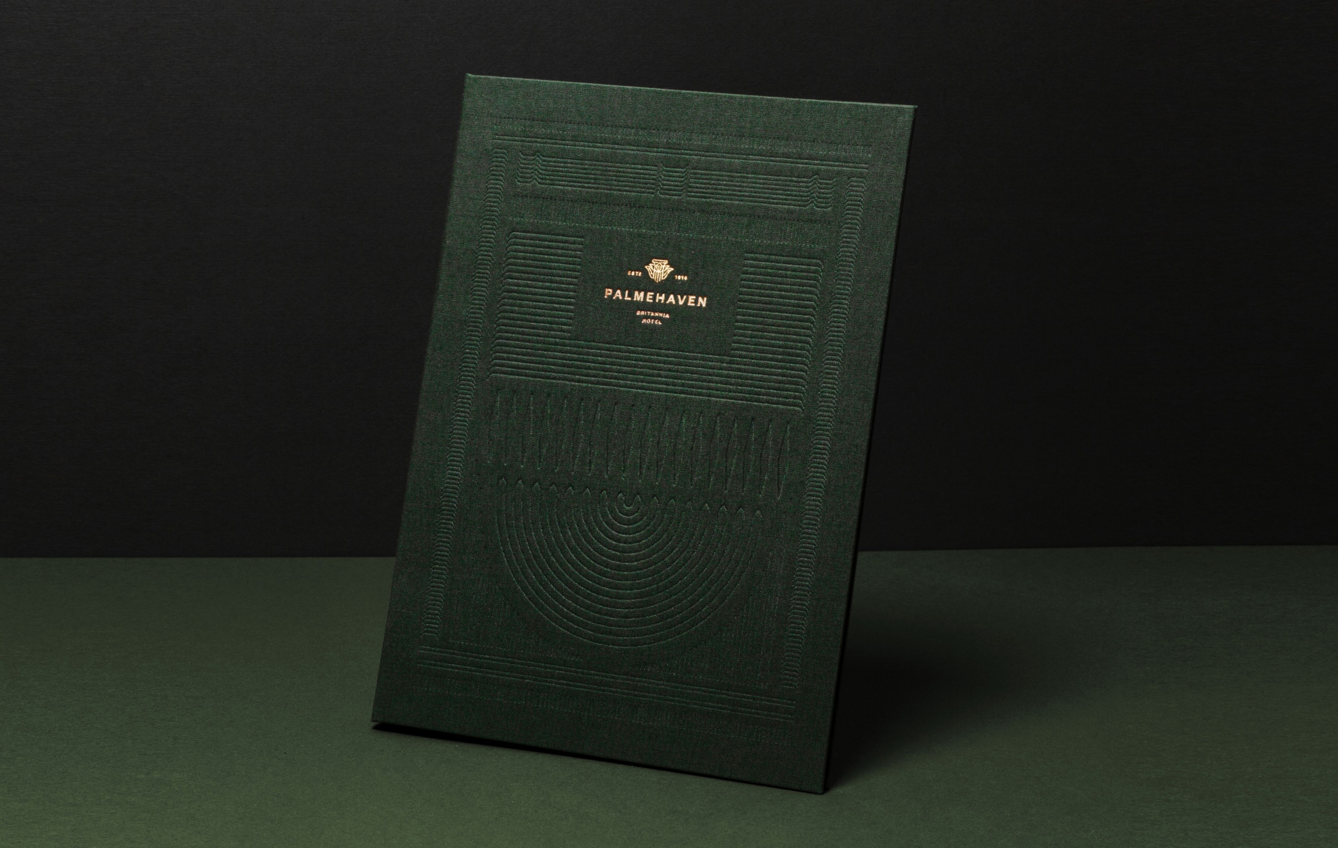 Palmehaven menu binder with dark green canvas