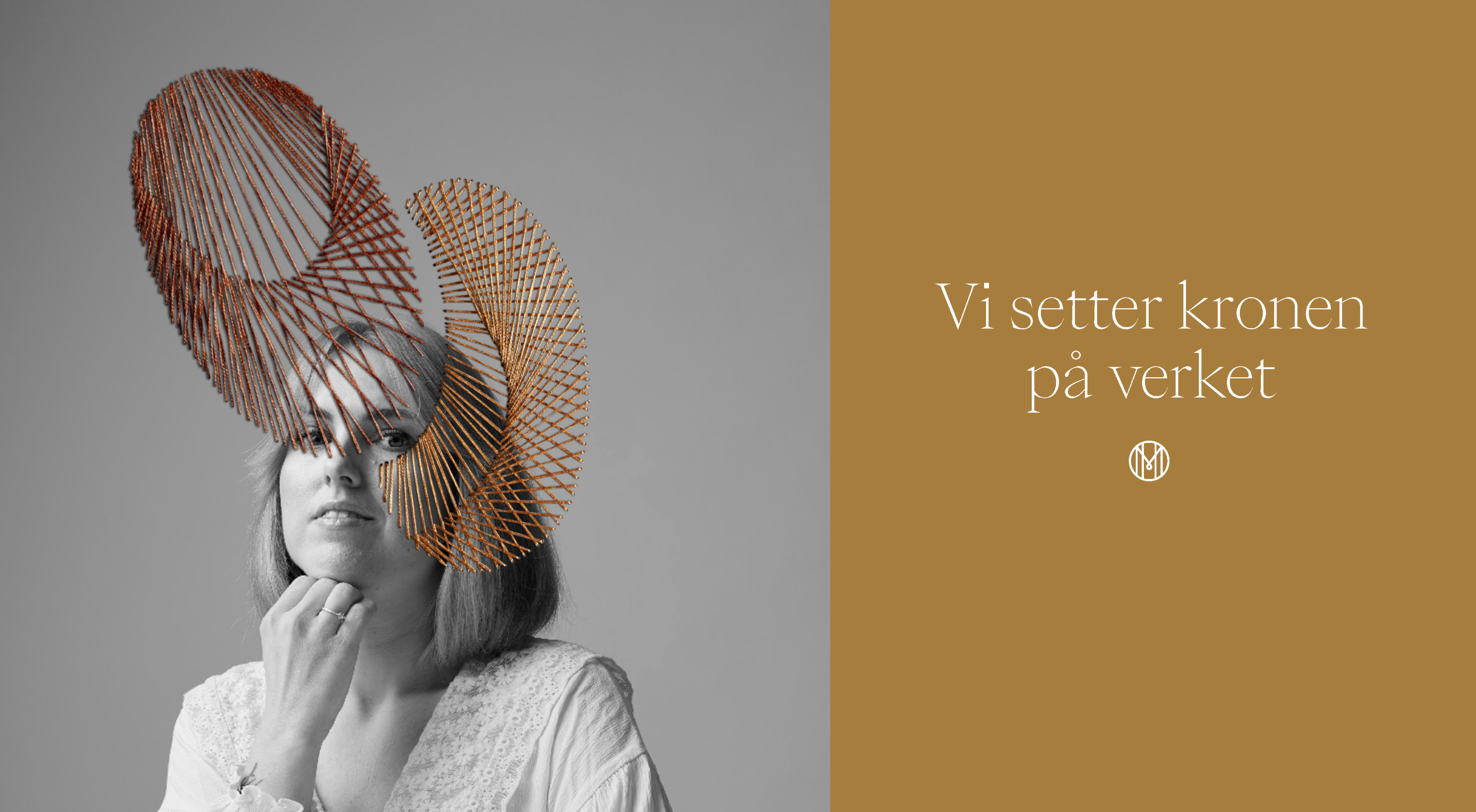 Tagline and a black and white portrait with a stiched crown