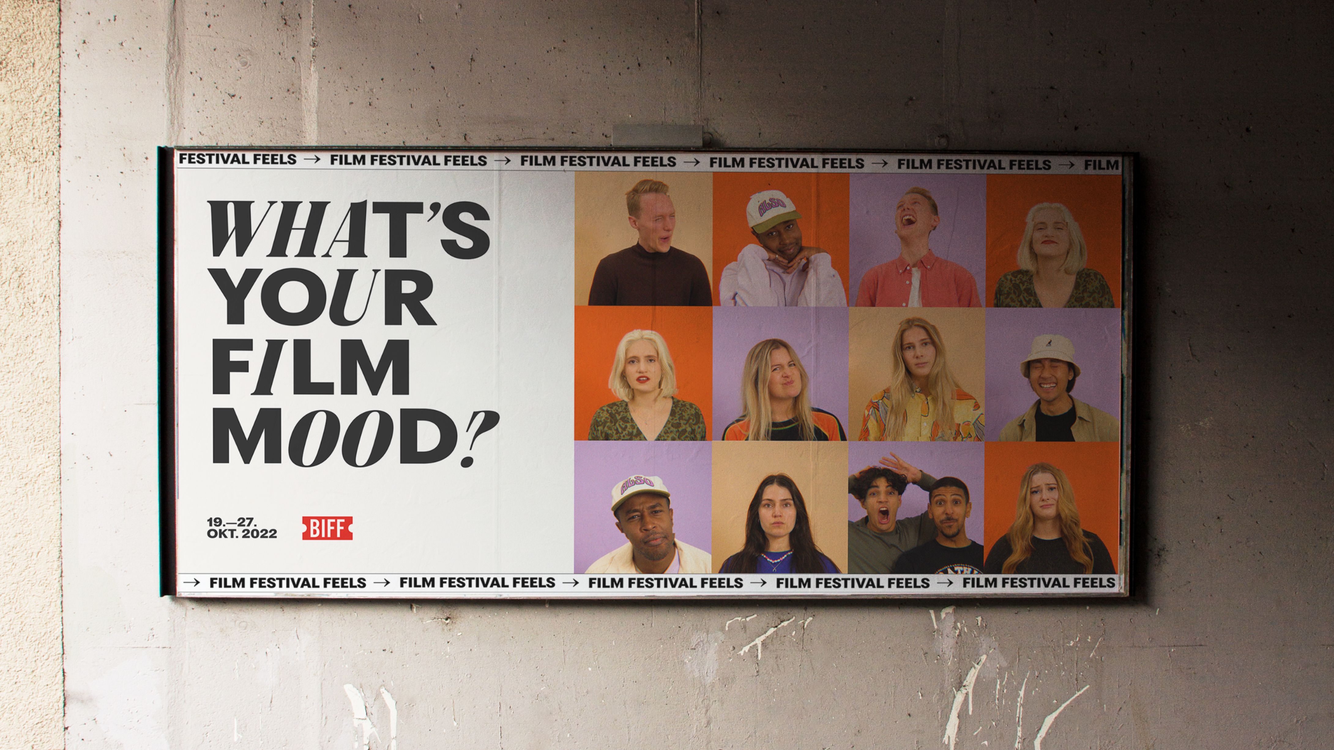 Poster with colourful portraits and a title saying "What's your film mood?"