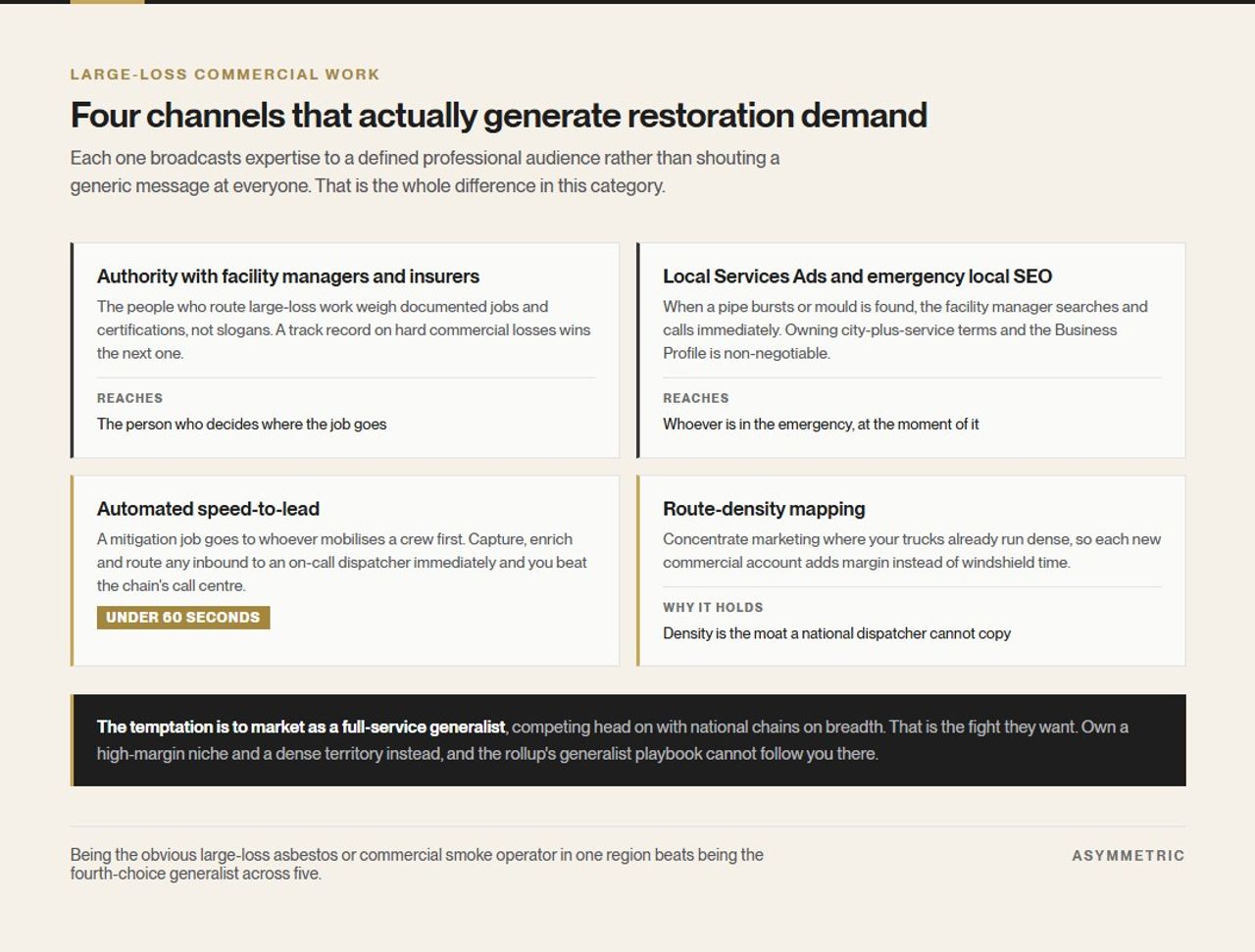 Four channels that generate commercial restoration demand: authority with facility managers and insurers, Local Services Ads and emergency local SEO, automated speed-to-lead under sixty seconds, and route-density mapping.