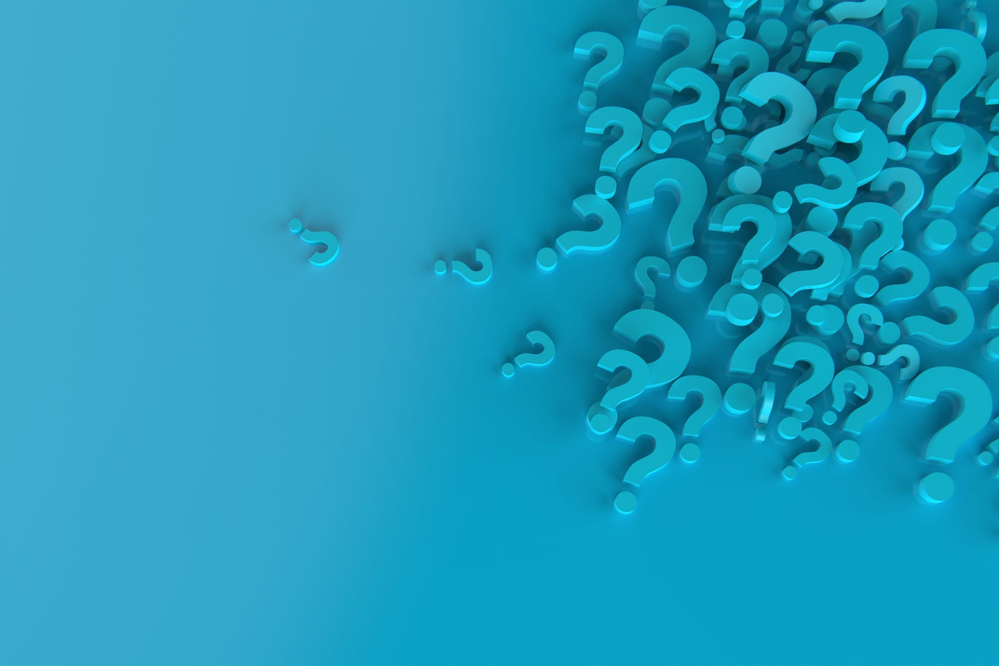 A cluster of three-dimensional, blue question marks in varying sizes appears on the right side of the image, set against a smooth, gradient blue background. A few question marks are isolated and scattered towards the left side, symbolizing the complexities and uncertainties often addressed by effective marketing campaigns.