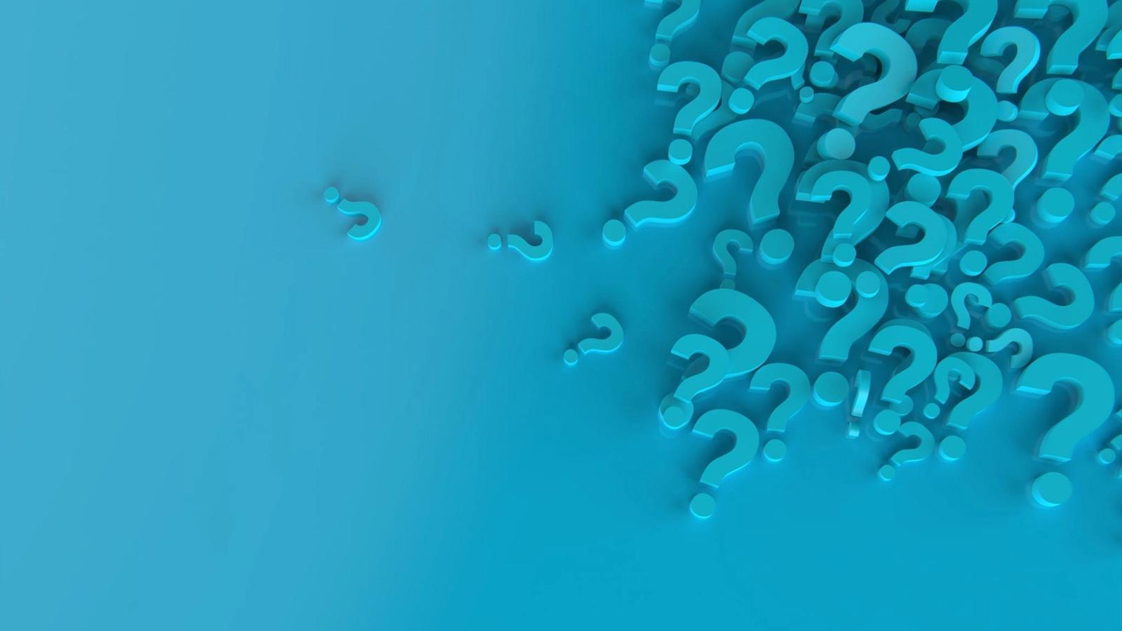 A cluster of three-dimensional, blue question marks in varying sizes appears on the right side of the image, set against a smooth, gradient blue background. A few question marks are isolated and scattered towards the left side, symbolizing the complexities and uncertainties often addressed by effective marketing campaigns.