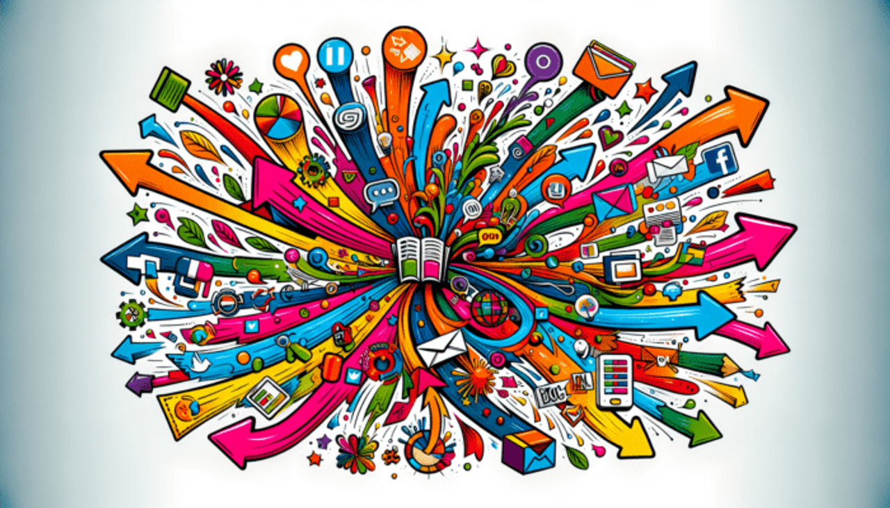Colorful explosion of digital and media icons from book