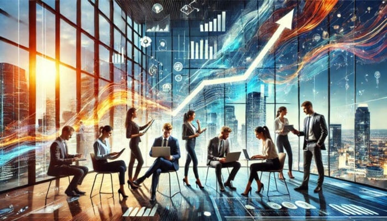 Dynamic business team in high-tech office overlooking city