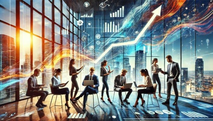 Dynamic business team in high-tech office overlooking city