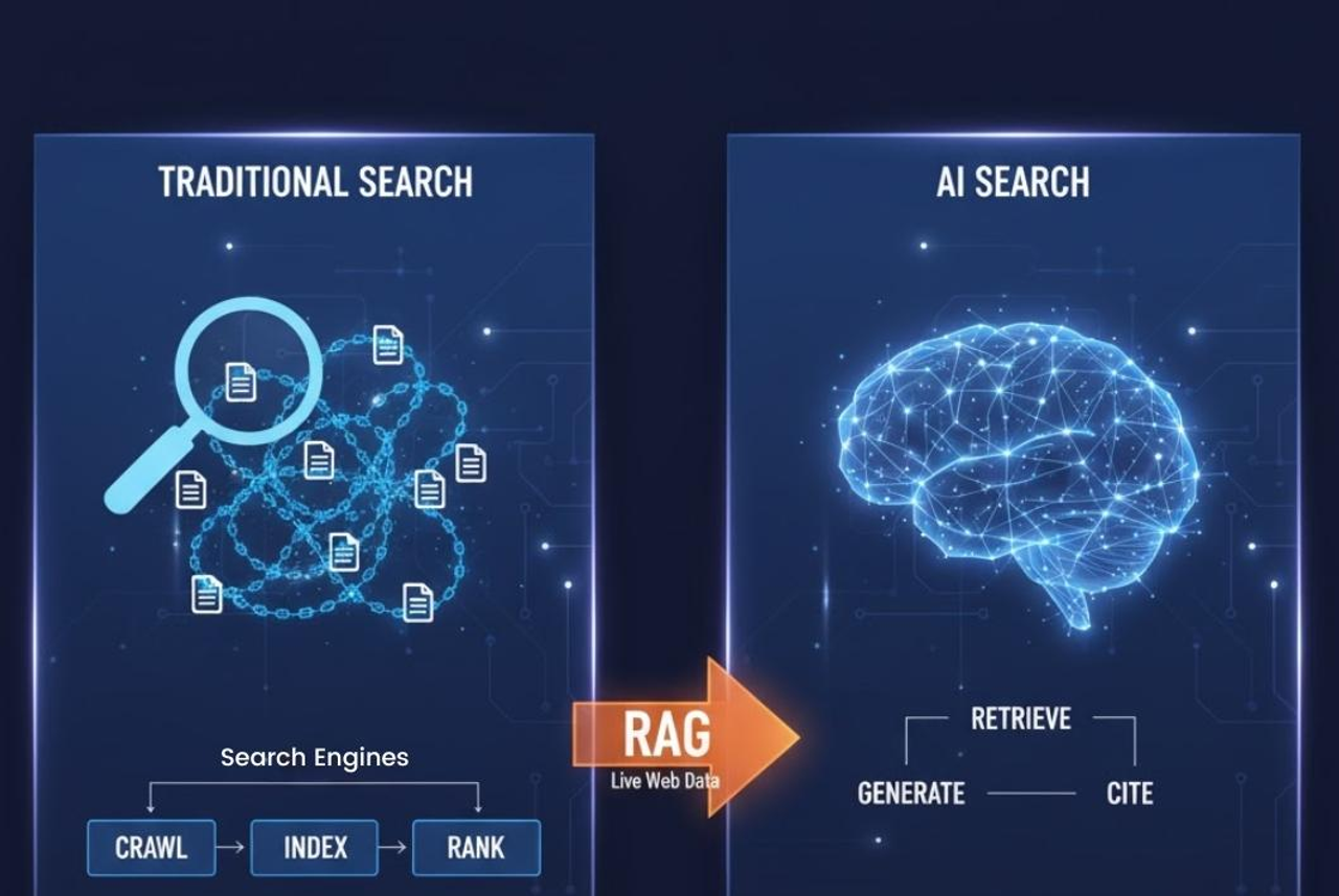 Traditional search and AI search side by side. Traditional search crawls, indexes and ranks documents against a query; AI search reads live web data through retrieval-augmented generation, then retrieves, generates and cites.