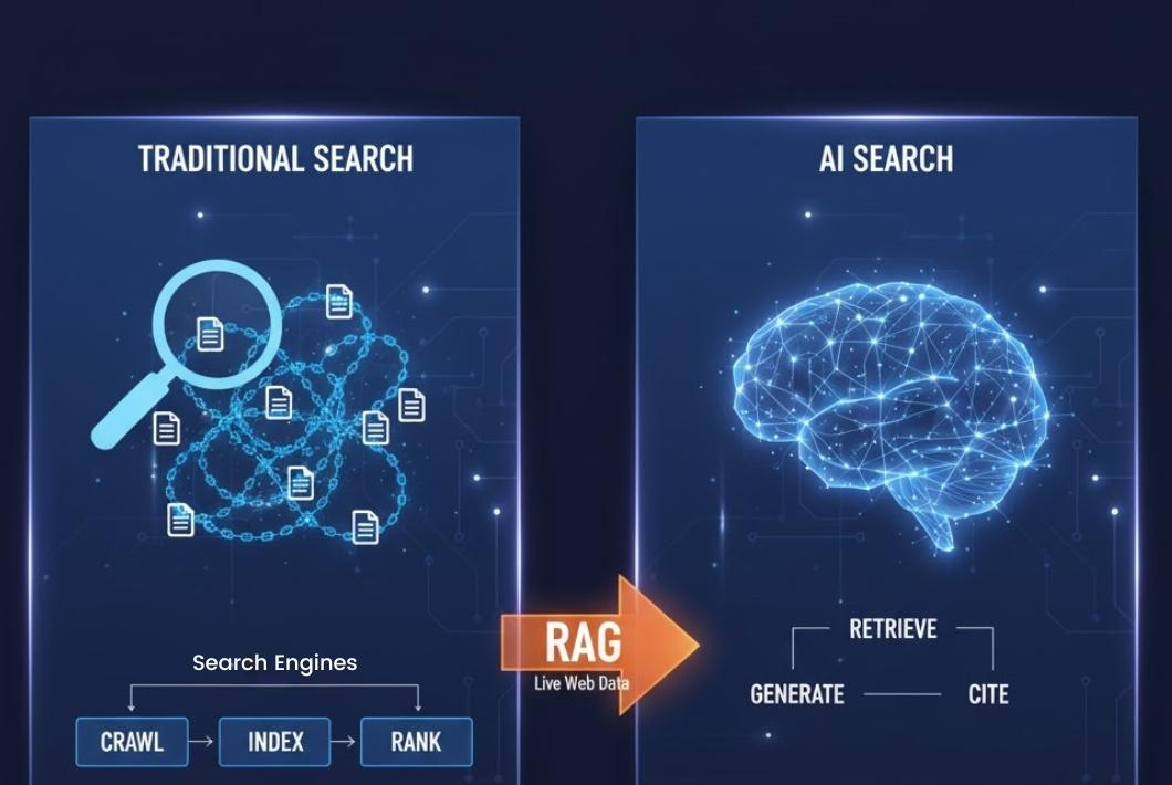 Traditional search and AI search side by side. Traditional search crawls, indexes and ranks documents against a query; AI search reads live web data through retrieval-augmented generation, then retrieves, generates and cites.