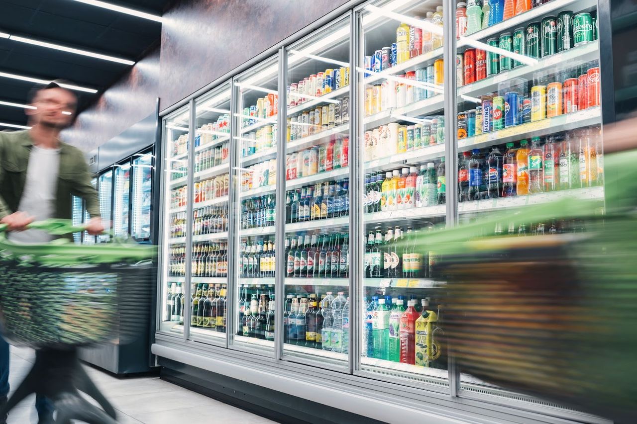 Person shopping in beverage aisle with refrigerated shelves.
