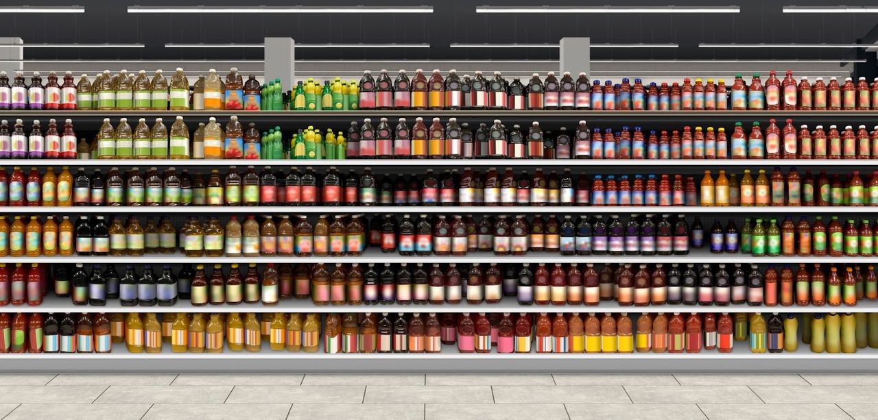 Colorful beverages on supermarket shelves.