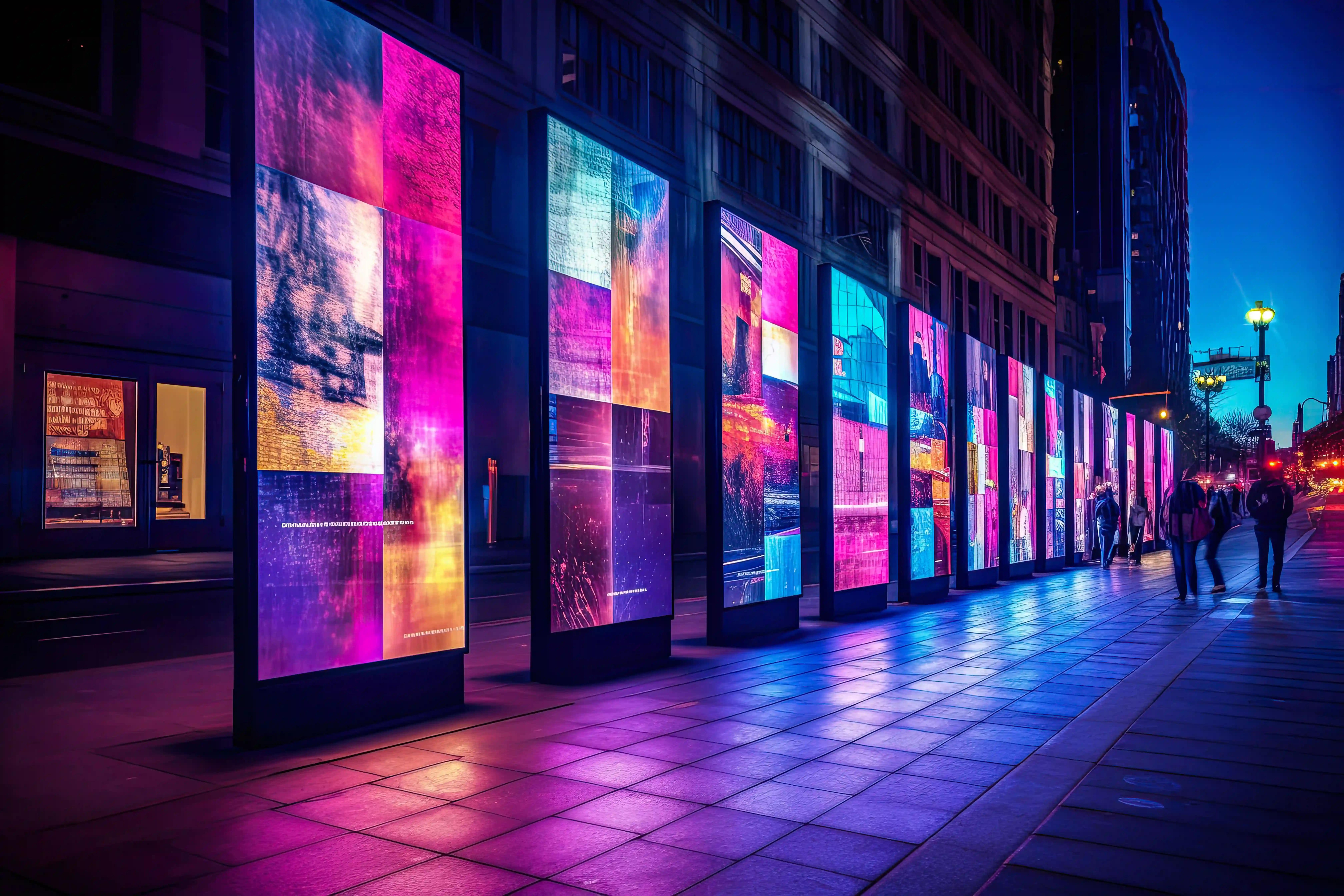 Colorful illuminated street art installations at dusk