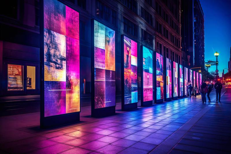 Colorful illuminated street art installations at dusk
