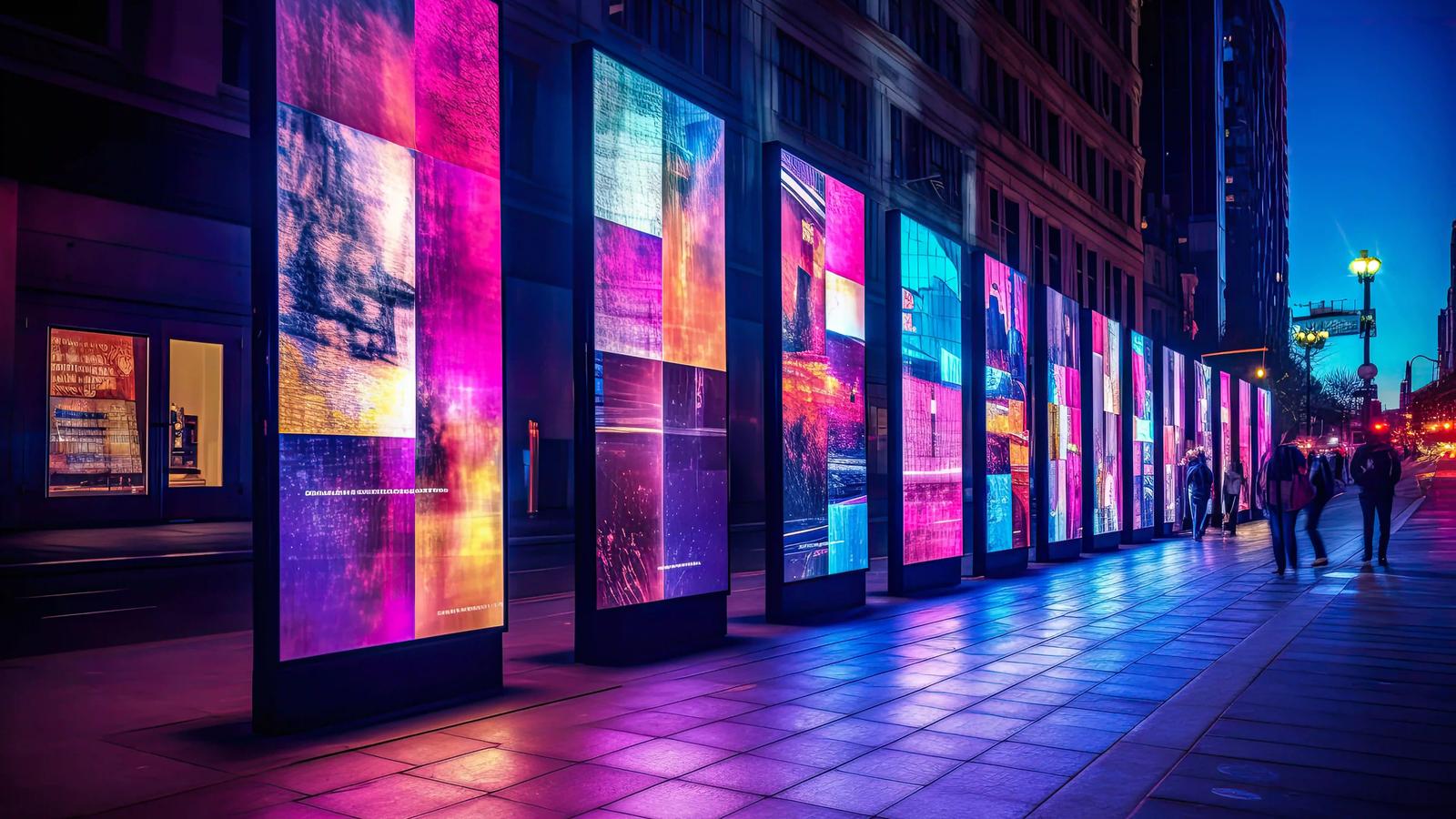 Colorful illuminated street art installations at dusk