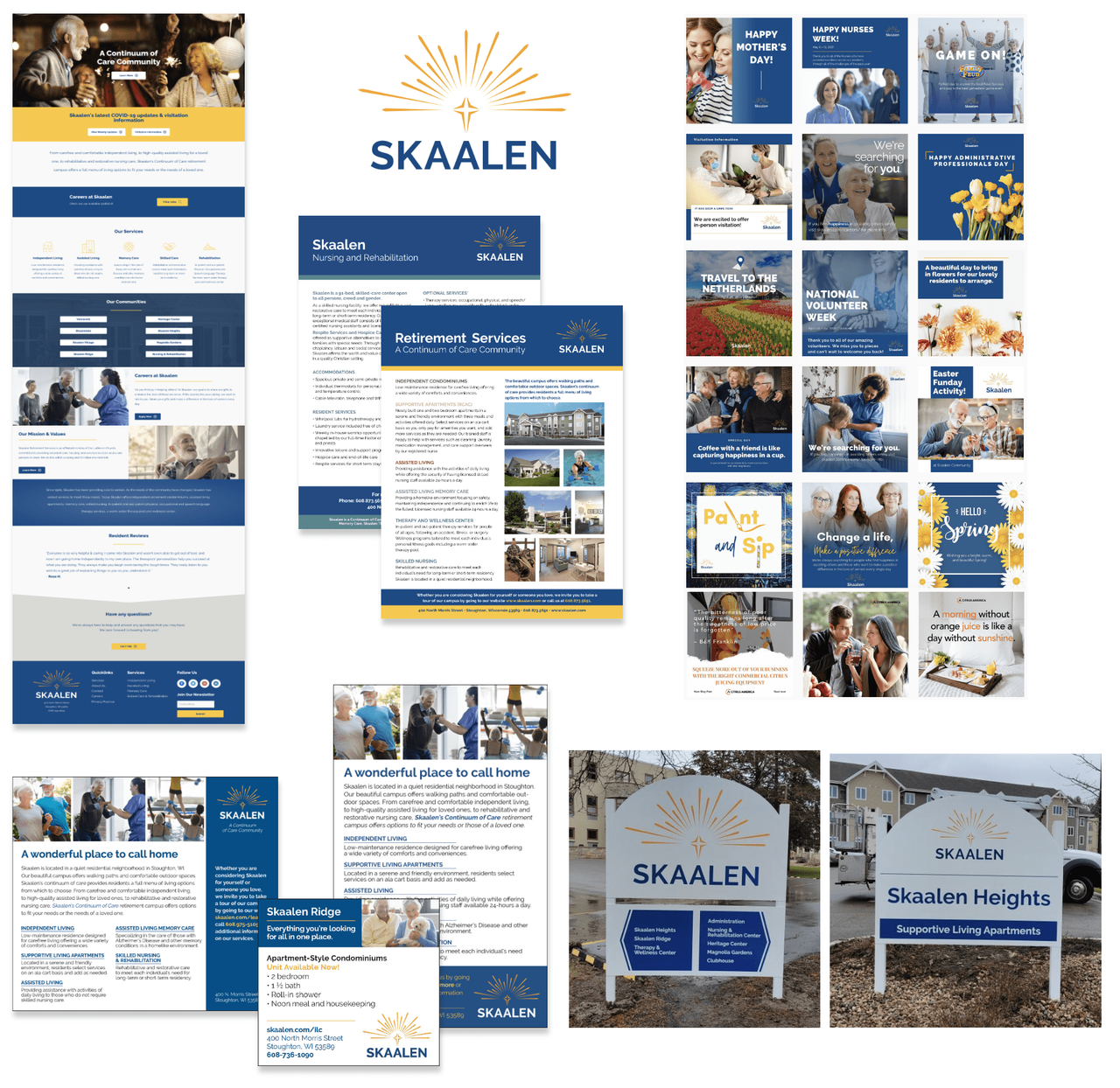 A collage of various Skaalen promotional materials featuring brochures, newsletters, social media posts, and photos of people engaging in activities. It includes images of the Skaalen logo, facility signs, event promotions, and informational content related to retirement services-a true case study in effective marketing.