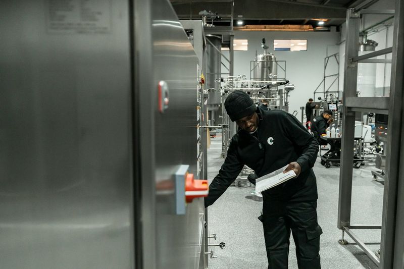 A technician inspecting industrial equipment in a manufacturing facility while holding a checklist.