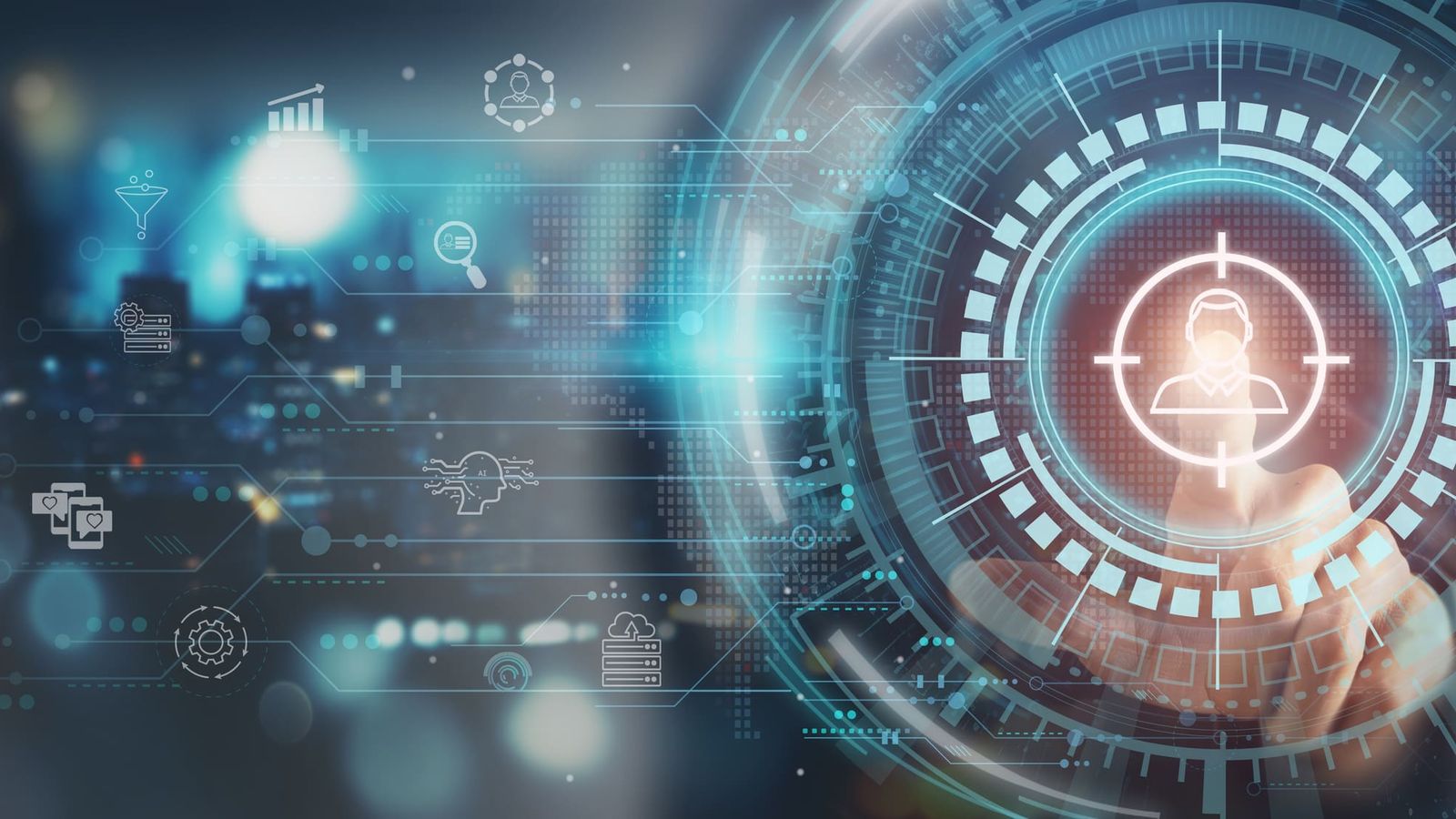 Futuristic digital technology and data visualization background representing SEO for lead generation