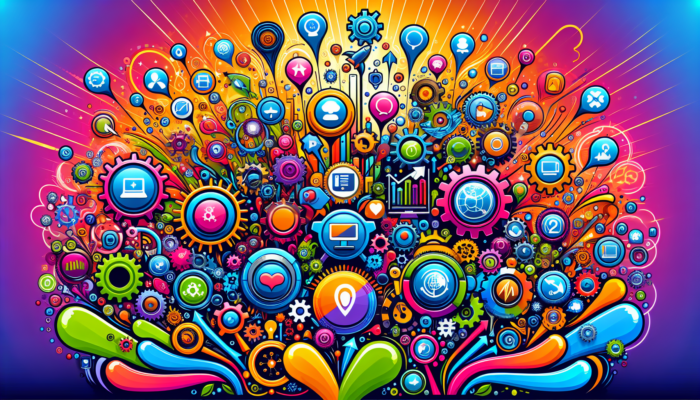 Colorful digital explosion of various technology icons