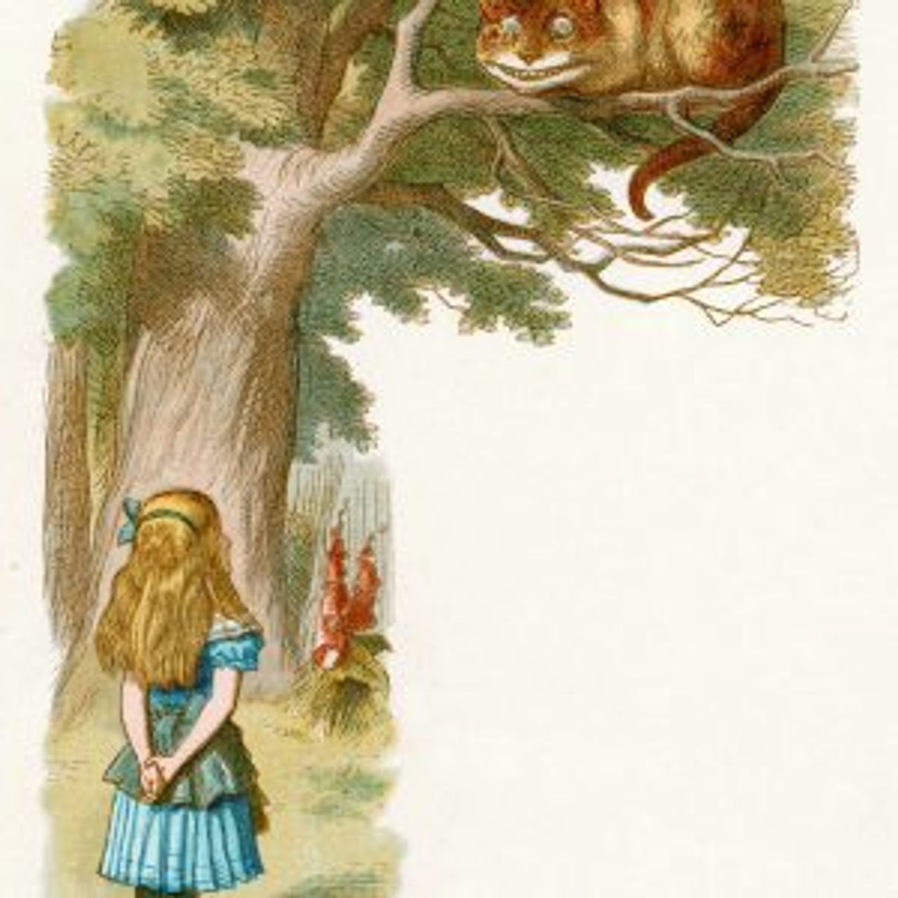 An illustration of a girl with long blonde hair wearing a blue dress standing and looking up at a grinning Cheshire Cat that is perched on a tree branch. The scene is set in a forest, reminiscent of querying the potential of new adventures much like evaluating marketing budget allocations.