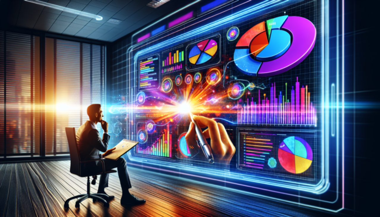 Businessman analyzing futuristic holographic data visuals