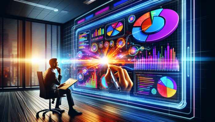 Businessman analyzing futuristic holographic data visuals