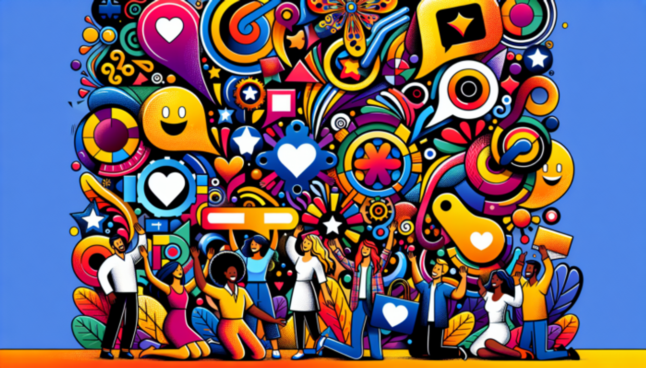 Colorful artwork with diverse people and vibrant abstract icons