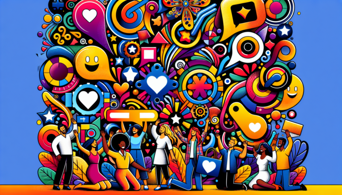 Colorful artwork with diverse people and vibrant abstract icons