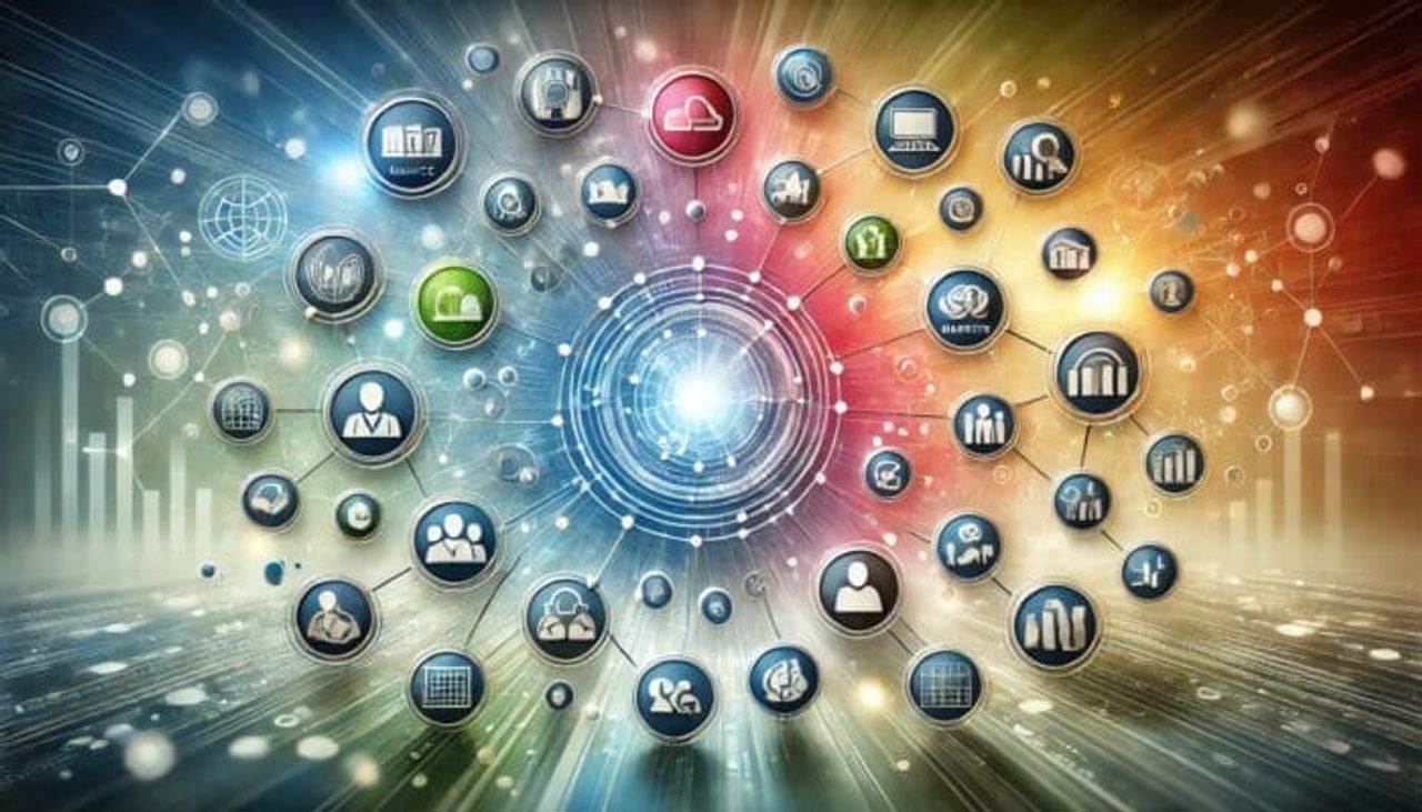 Futuristic digital network with connected icons and light beams