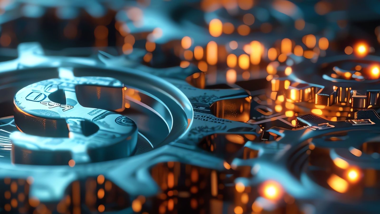 Close-up of interlocking gears with intricate patterns and numeric symbols, reminiscent of cost-plus pricing calculations. The metal gears are illuminated with a soft blue light, accented by warm orange highlights, creating a contrast between the cool and warm tones.