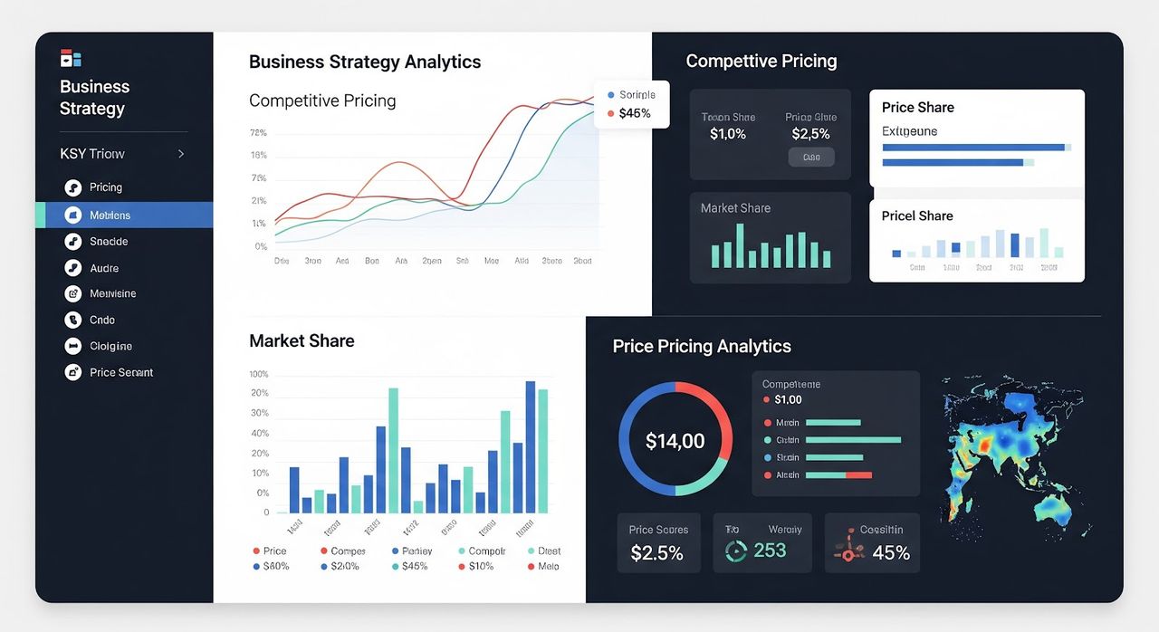 Business strategy analytics dashboard with graphs and charts.